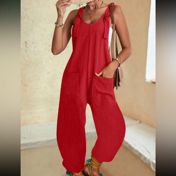 Boho red cami jumpsuit with pockets - Picture 1 of 15